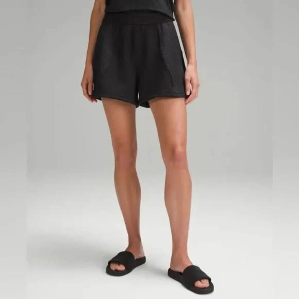 LULULEMON XS Embossed Panel High-Rise Black Textured Logo Shorts Women Spellout